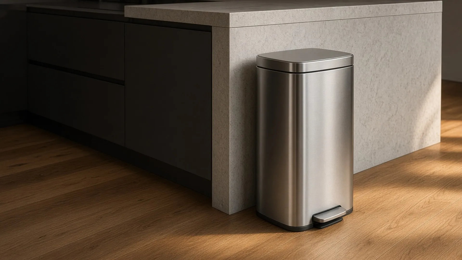 A brushed steel trash can in a calm kitchen at golden hour