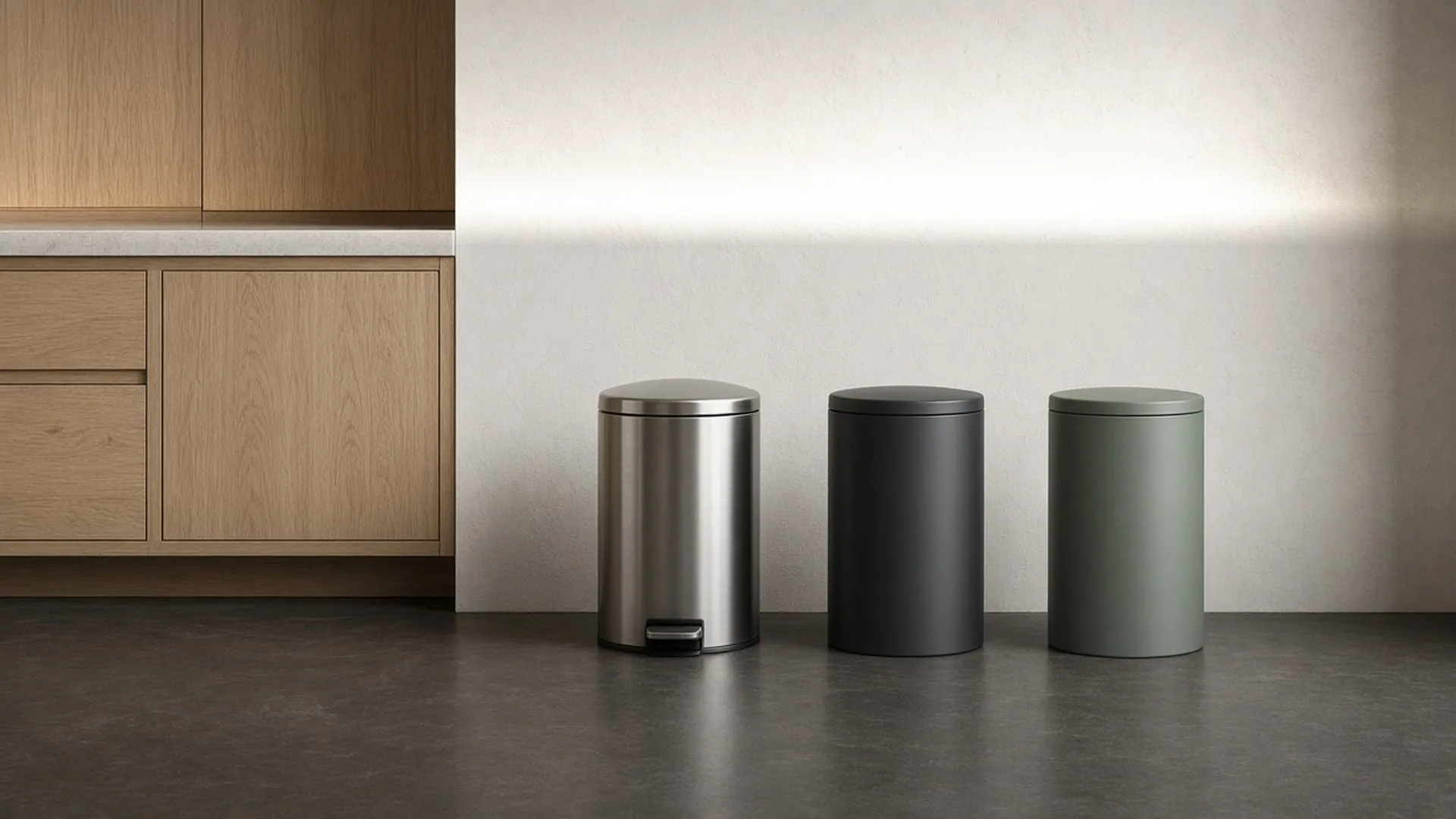 Three styles of kitchen trash can along a kitchen wall