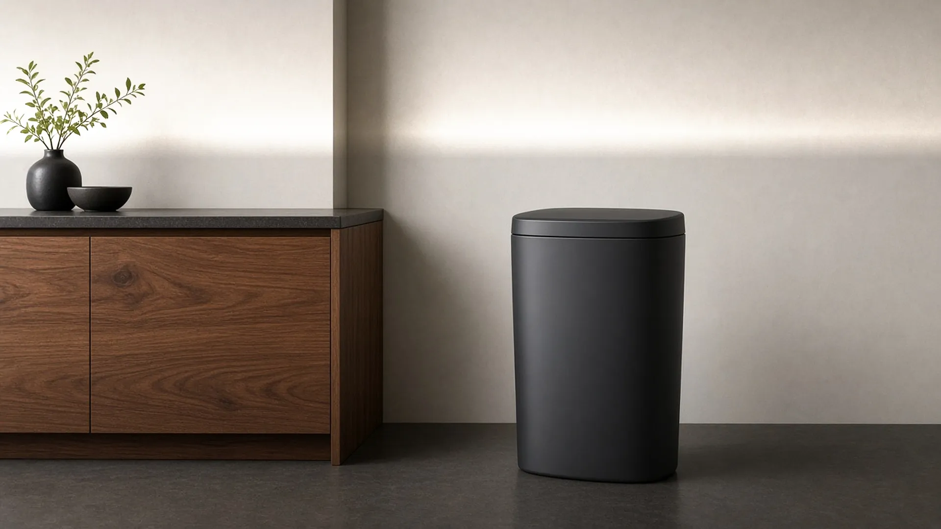 A matte charcoal touchless can in a modern kitchen