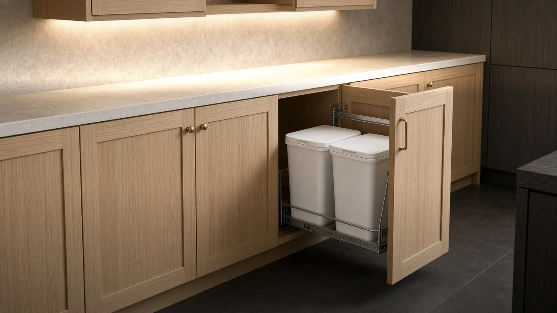 A pull-out drawer holding two bins