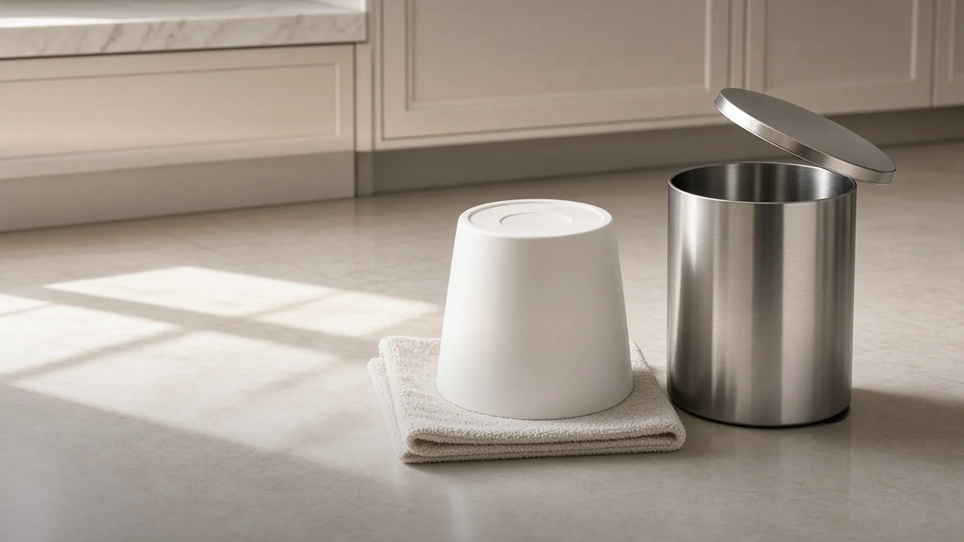 A clean inner bucket drying beside its can